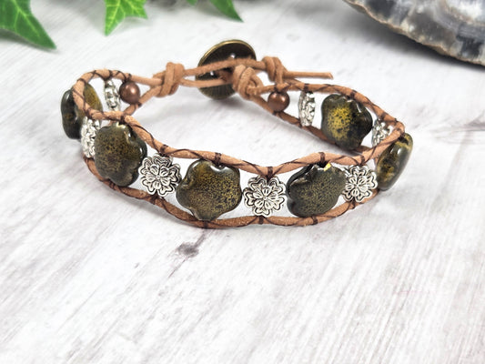 Boho Brown Ceramic and Silver Floral Natural Leather Wrap Bracelet