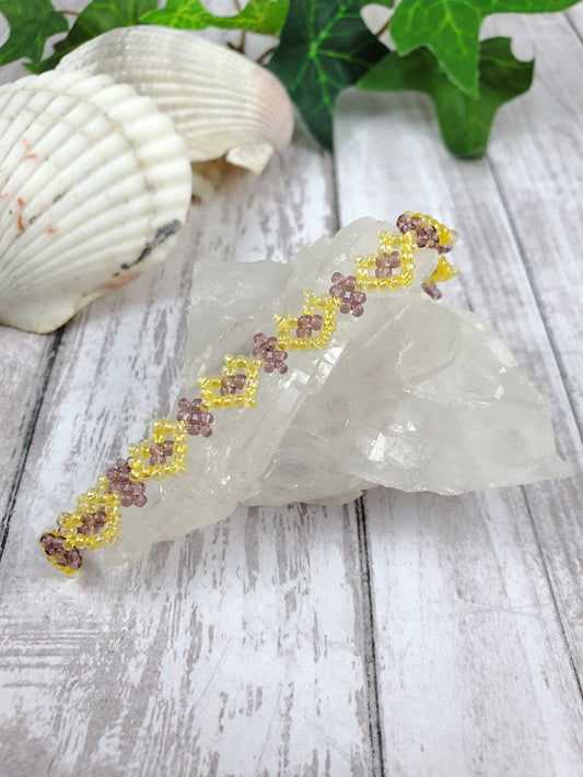 Dainty Yellow and Purple Bead Woven String of Hearts Bracelet