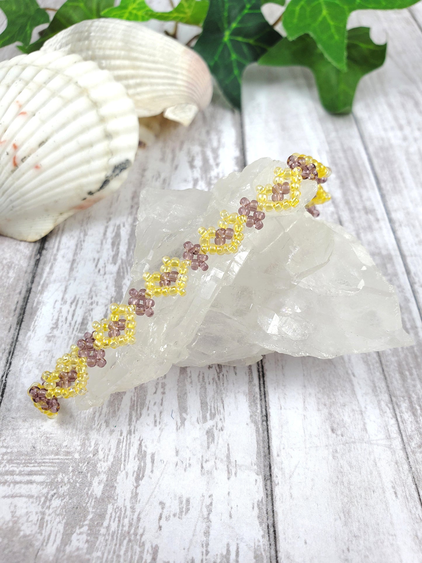 Dainty Purple and Yellow String of Hearts Beaded Bracelet