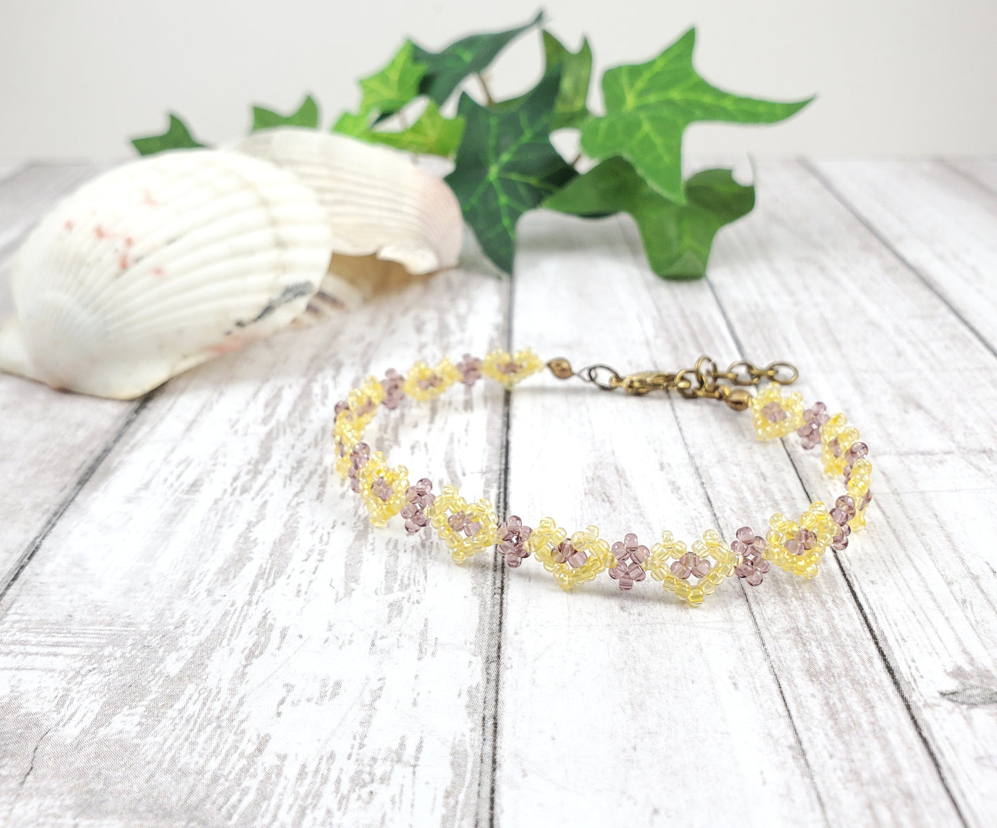 Dainty Purple and Yellow String of Hearts Beaded Bracelet