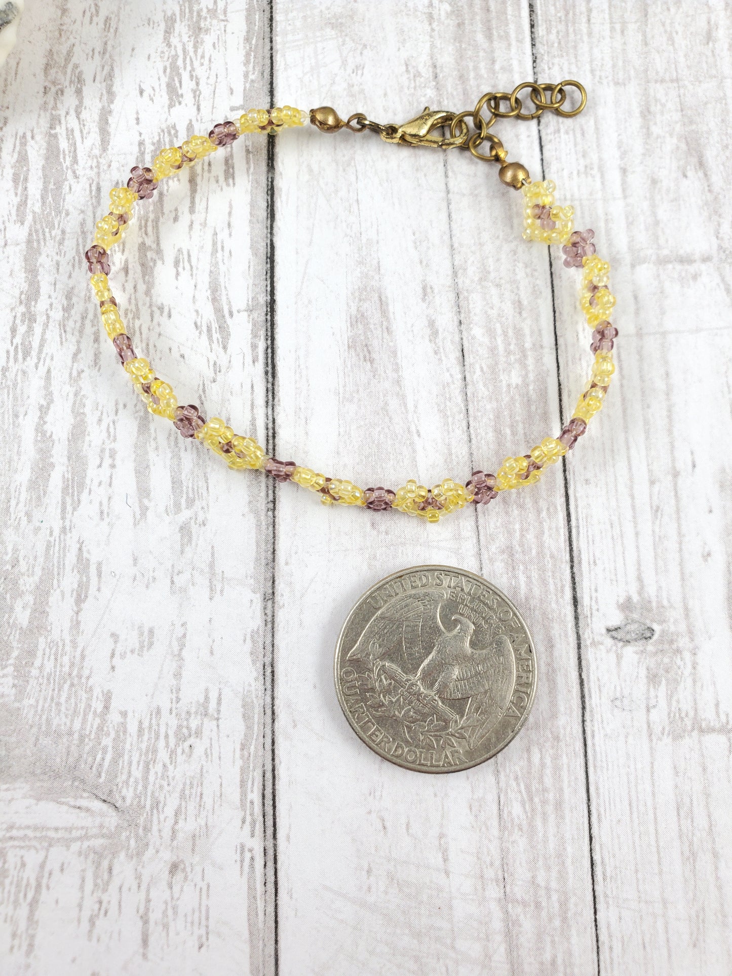 Dainty Purple and Yellow String of Hearts Beaded Bracelet