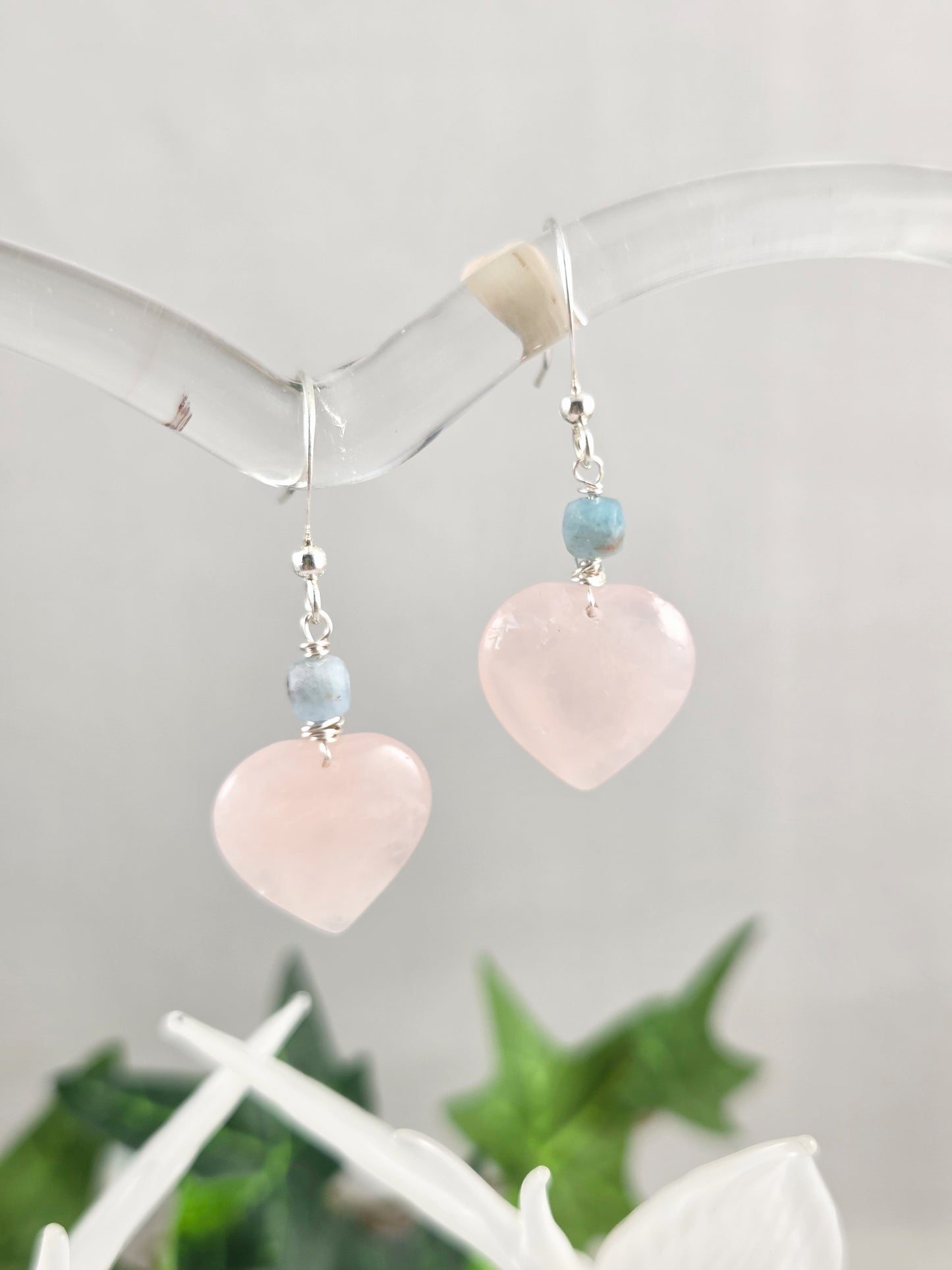 Rose Quartz Heart Earrings with Apatite Accents