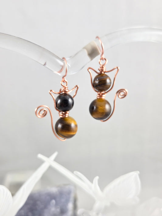 Tiger Eye and Copper Kitty Cat Earrings