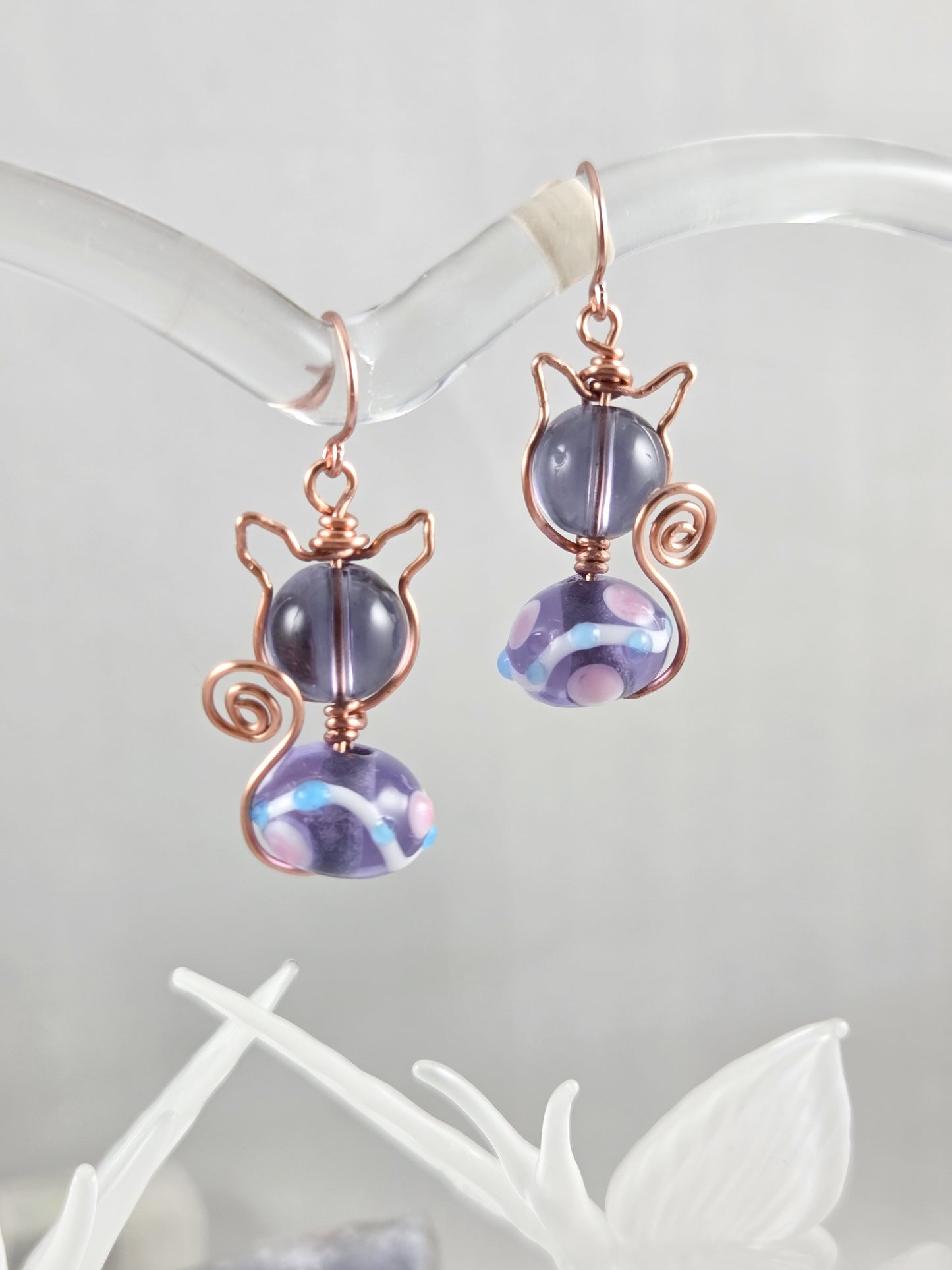 Whimsical Purple Lampwork Glass Cat Earrings