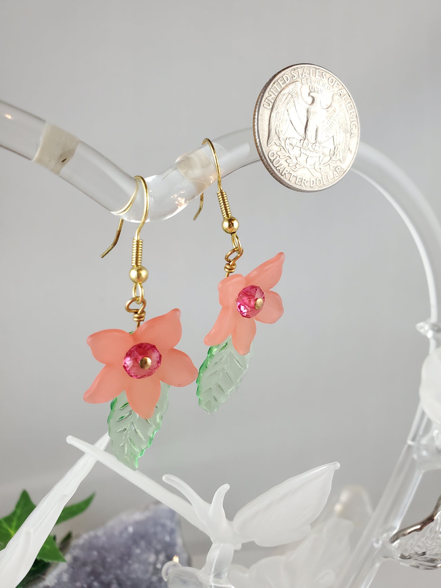 Pink Flower Lucite Dangle Earrings with Green Leaf