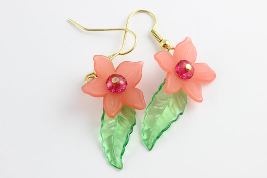 Pink Flower Lucite Dangle Earrings with Green Leaf