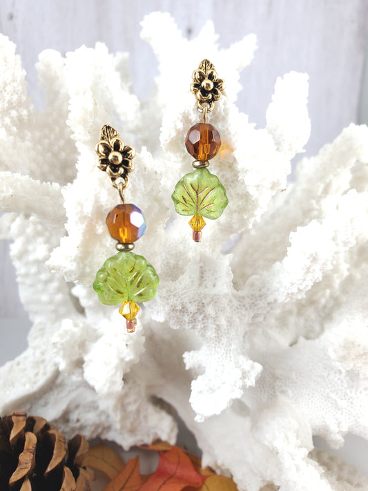 Green, Amber and Gold Autumn Leaf and Flower Post earrings