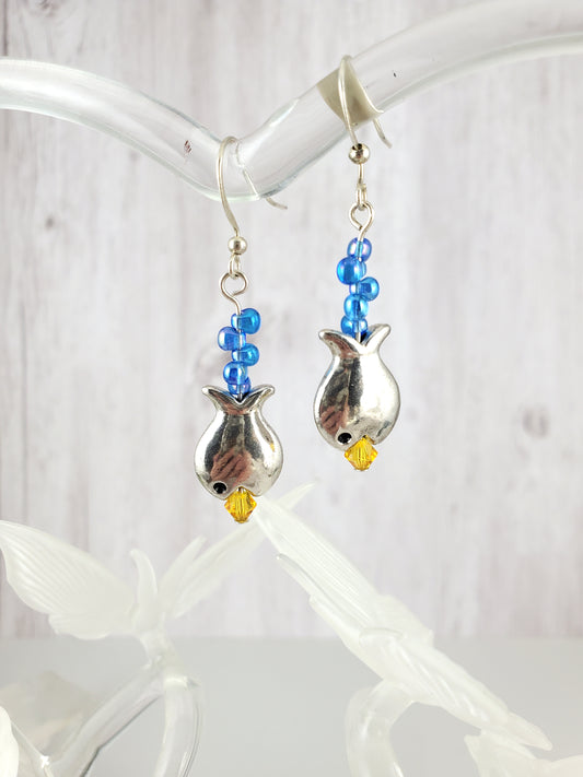 Diving Bright Silver Fish Earrings with Swarovski Accent