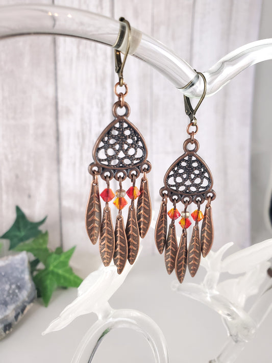 Copper Feather and Swarovski Chandelier Earrings Orange