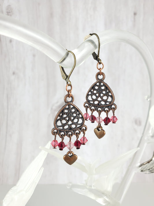 Pink and Red Filigree Chandelier Earrings with Heart