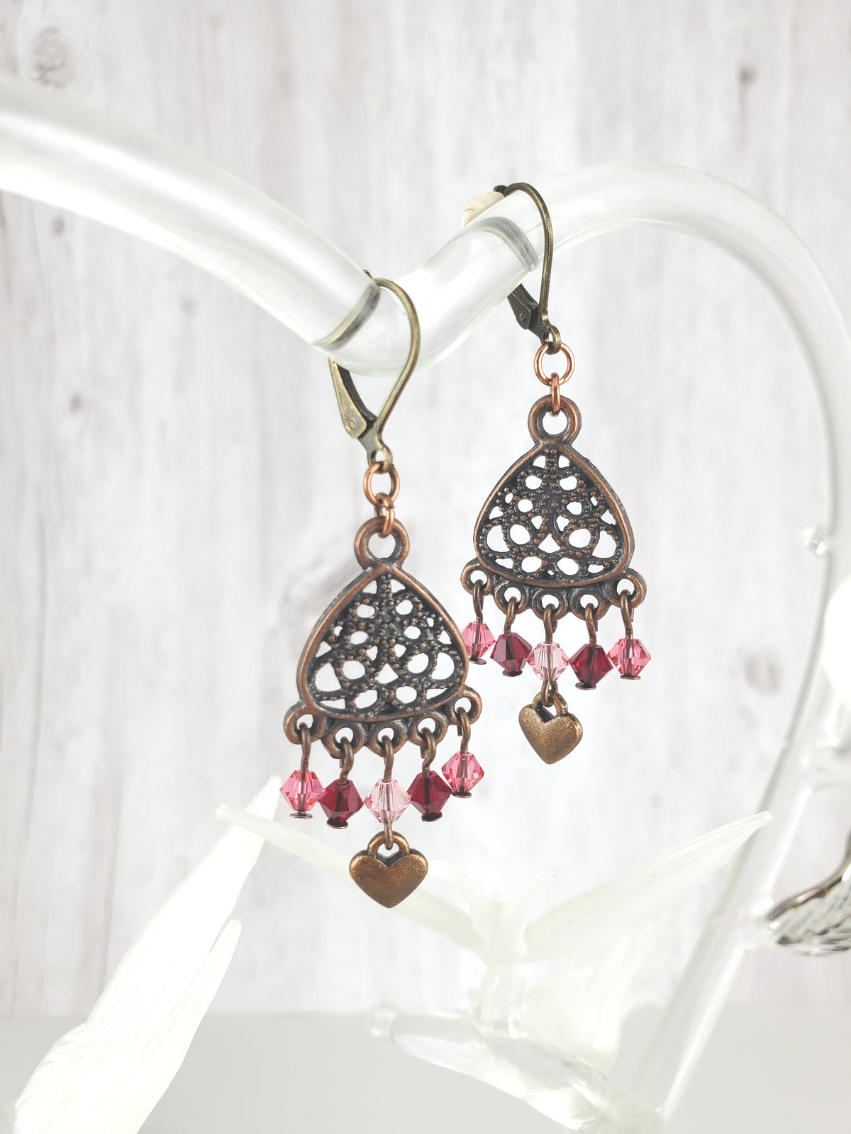 Pink and Red Filigree Chandelier Earrings with Heart