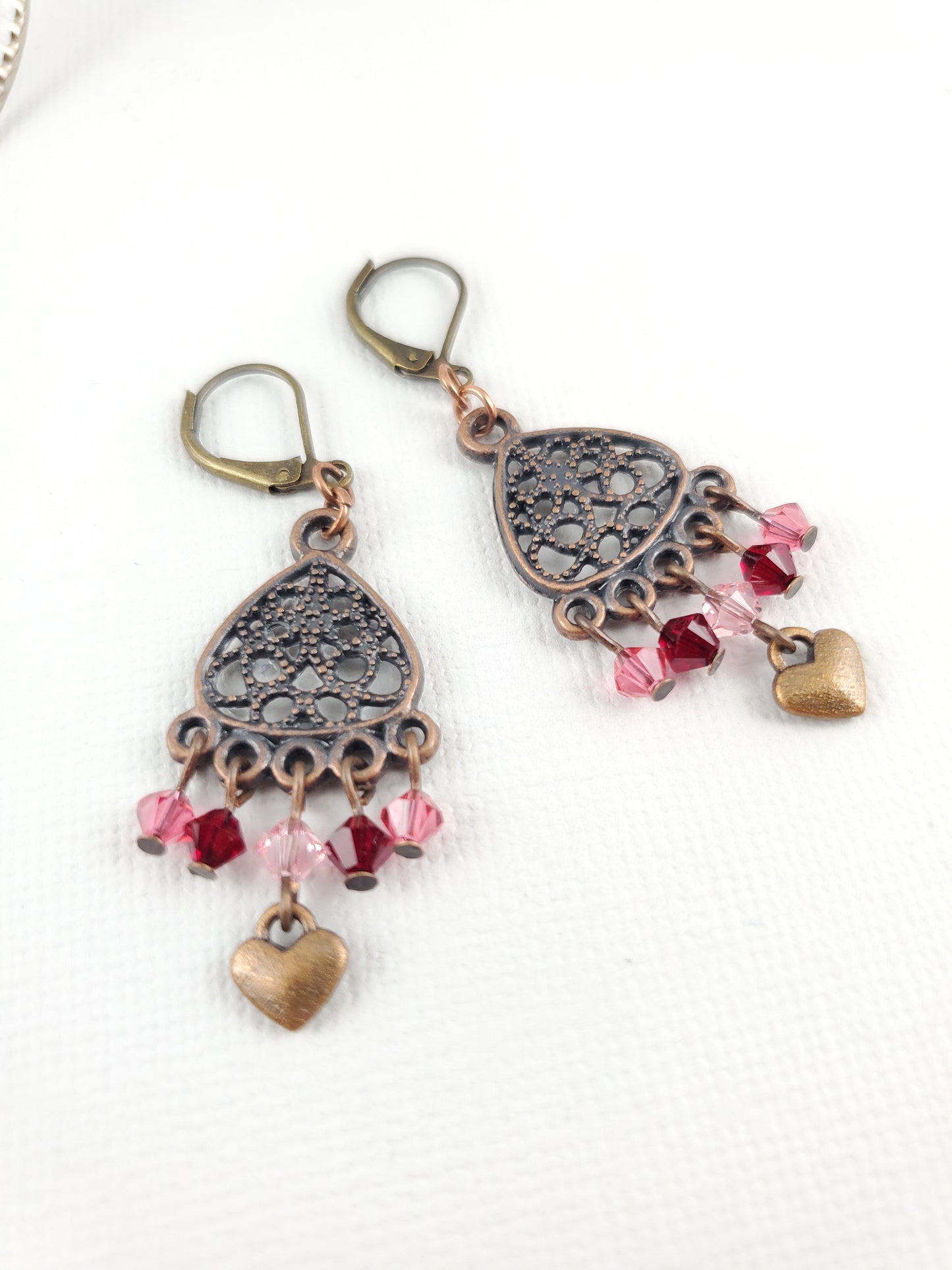 Pink and Red Filigree Chandelier Earrings with Heart