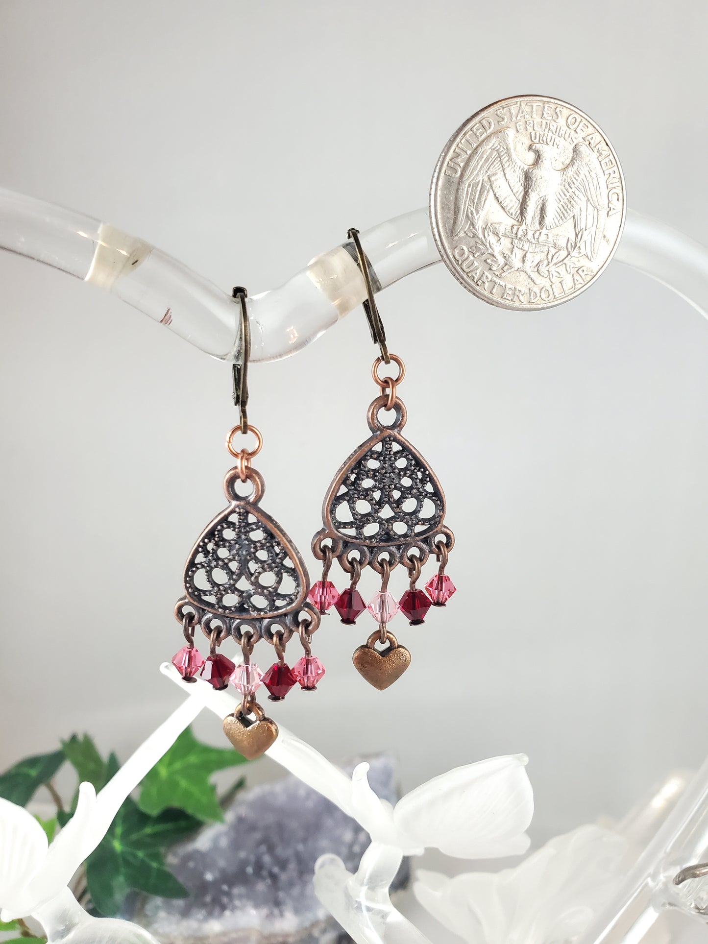 Pink and Red Filigree Chandelier Earrings with Heart