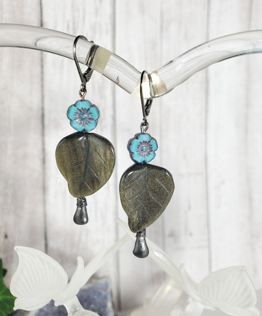 Blue Flower and Labradorite Leaf Dangle Earrings