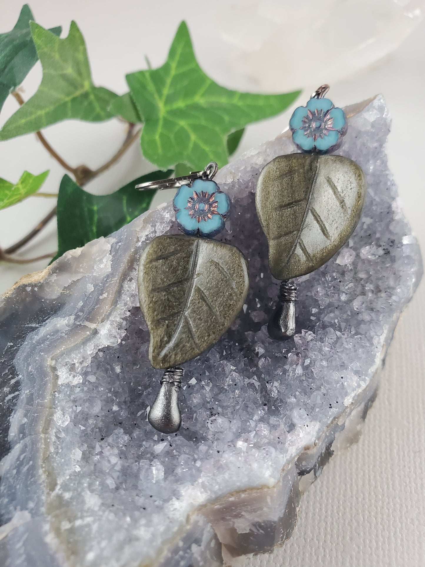 Blue Flower and Labradorite Leaf Dangle Earrings