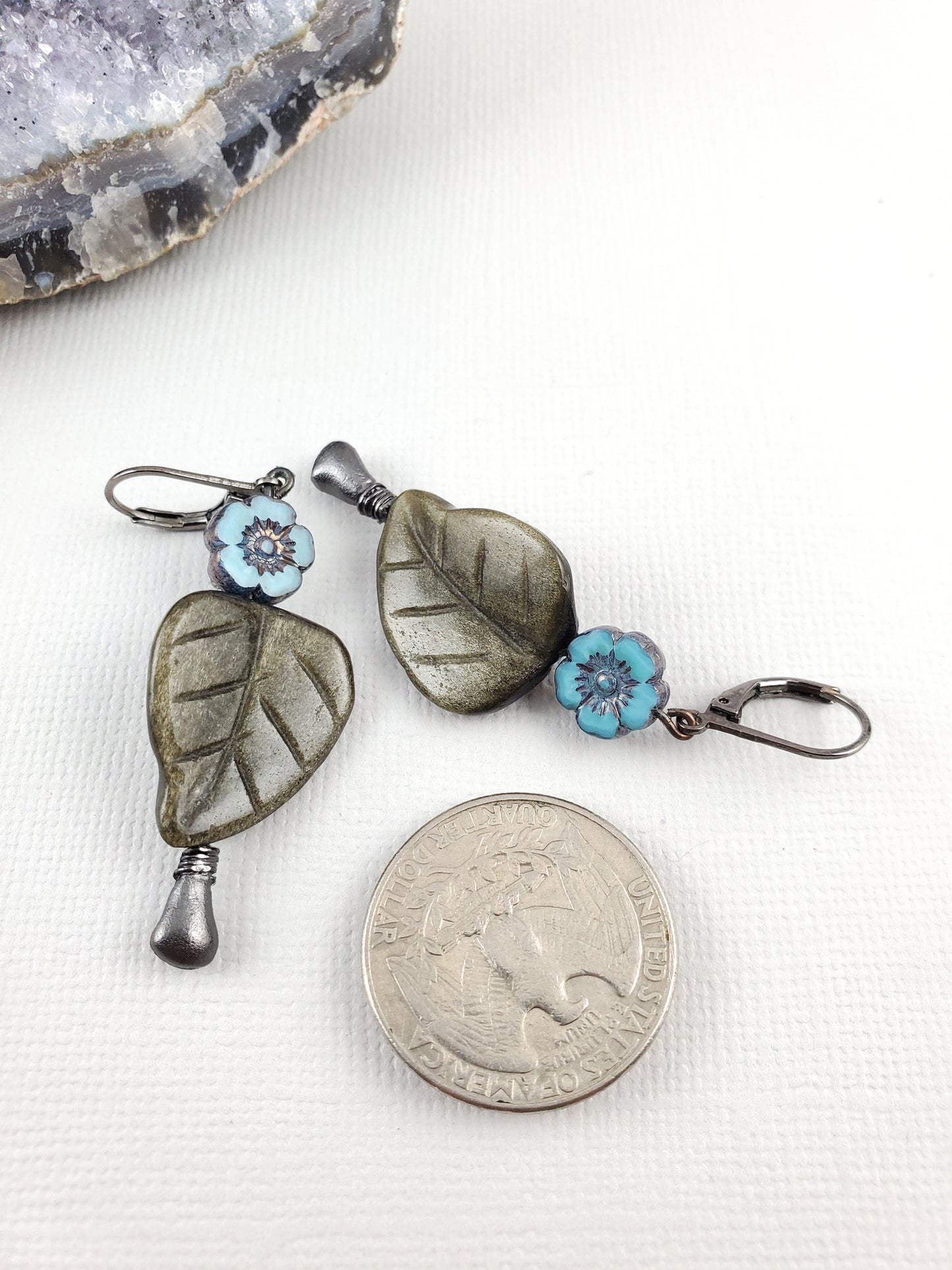 Blue Flower and Labradorite Leaf Dangle Earrings