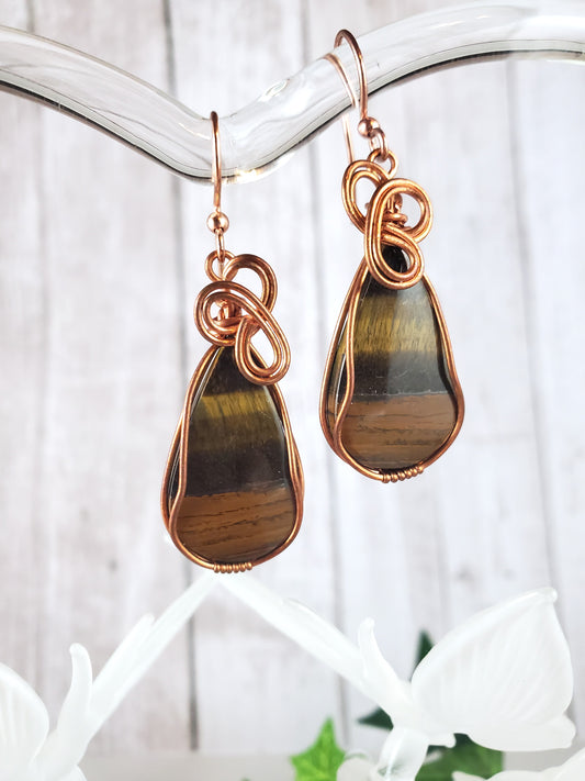 Tiger Eye Teardrop Copper Wrapped Dangle Earrings