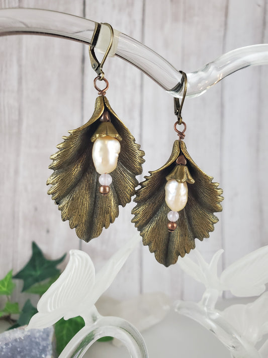 Bronze Leaf Statement Earrings with Pink Freshwater Pearls