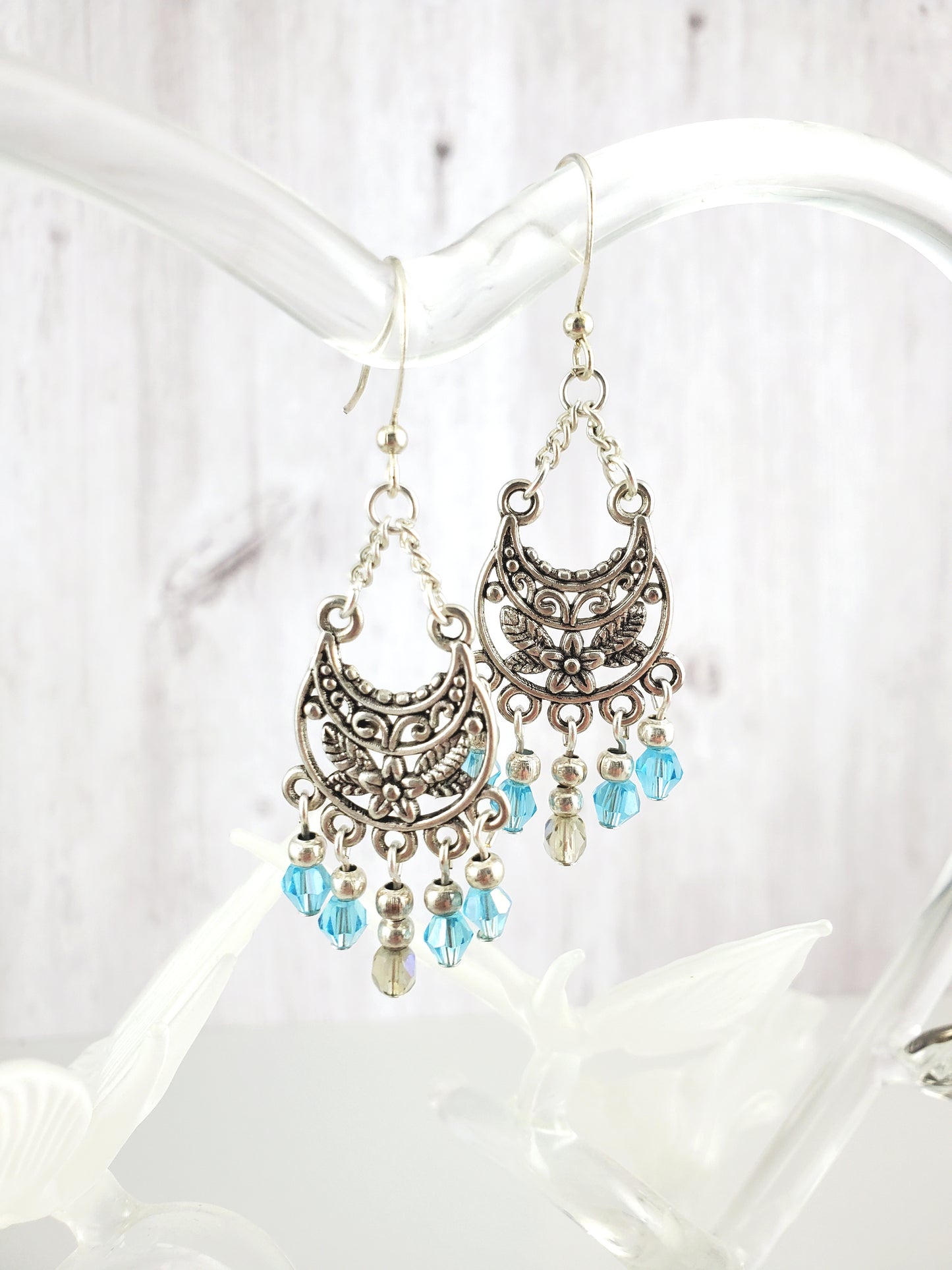 Blue Fairy Chandelier Earrings with Flower Motif
