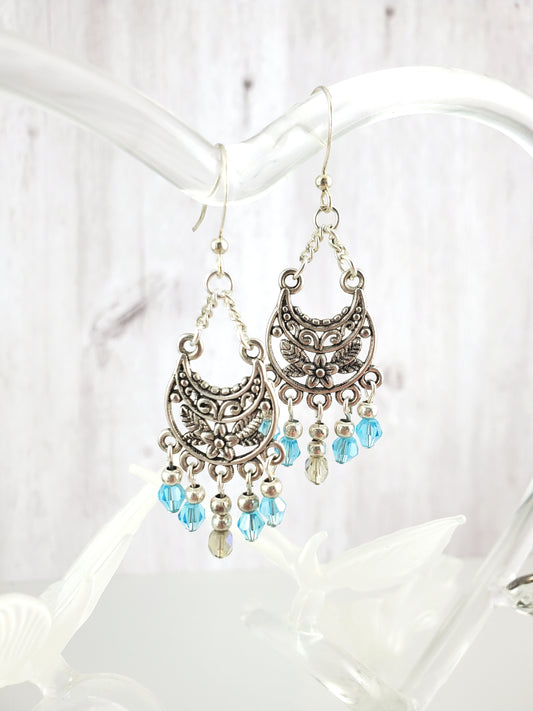 Blue Fairy Chandelier Earrings with Flower Motif