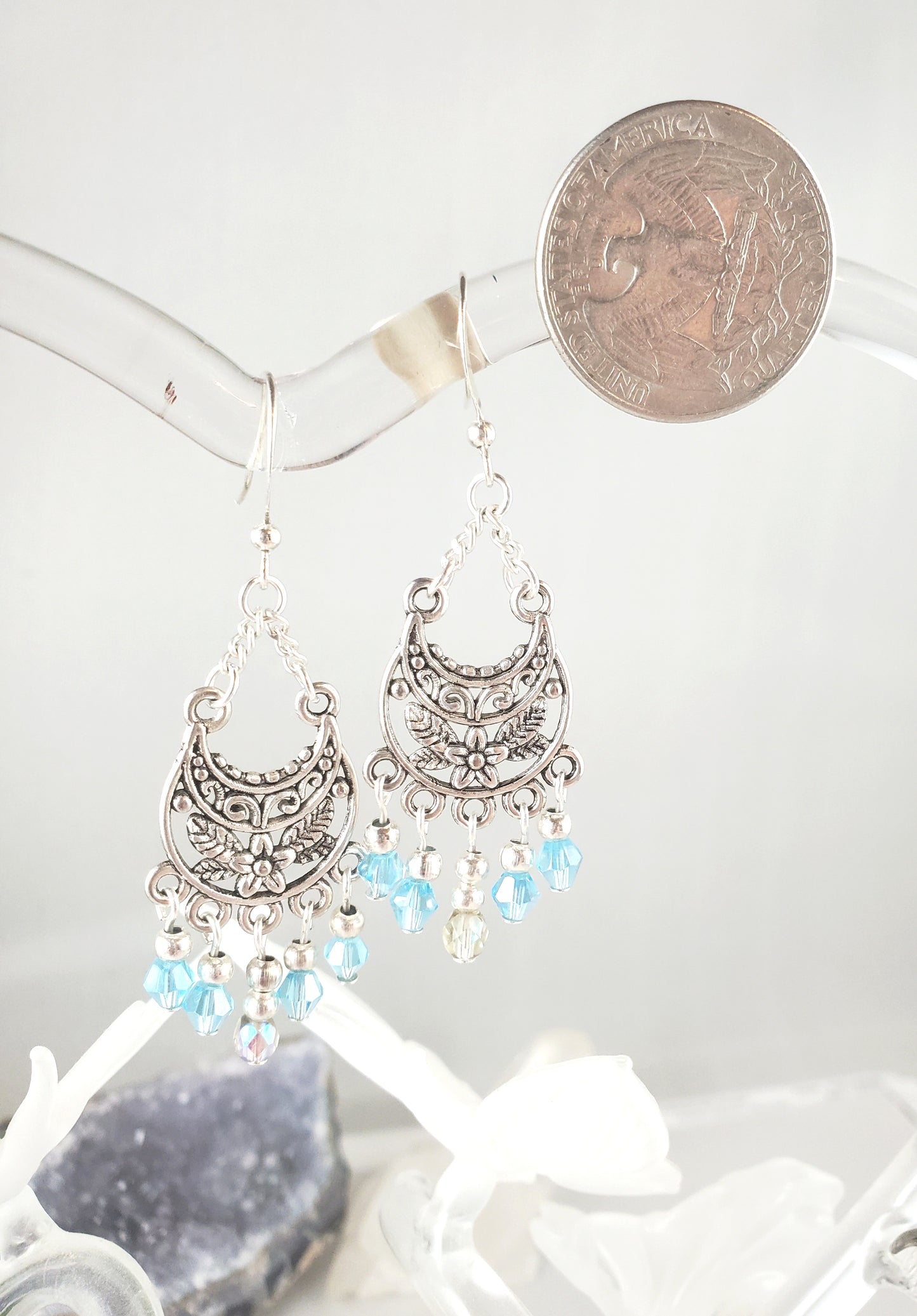 Blue Fairy Chandelier Earrings with Flower Motif