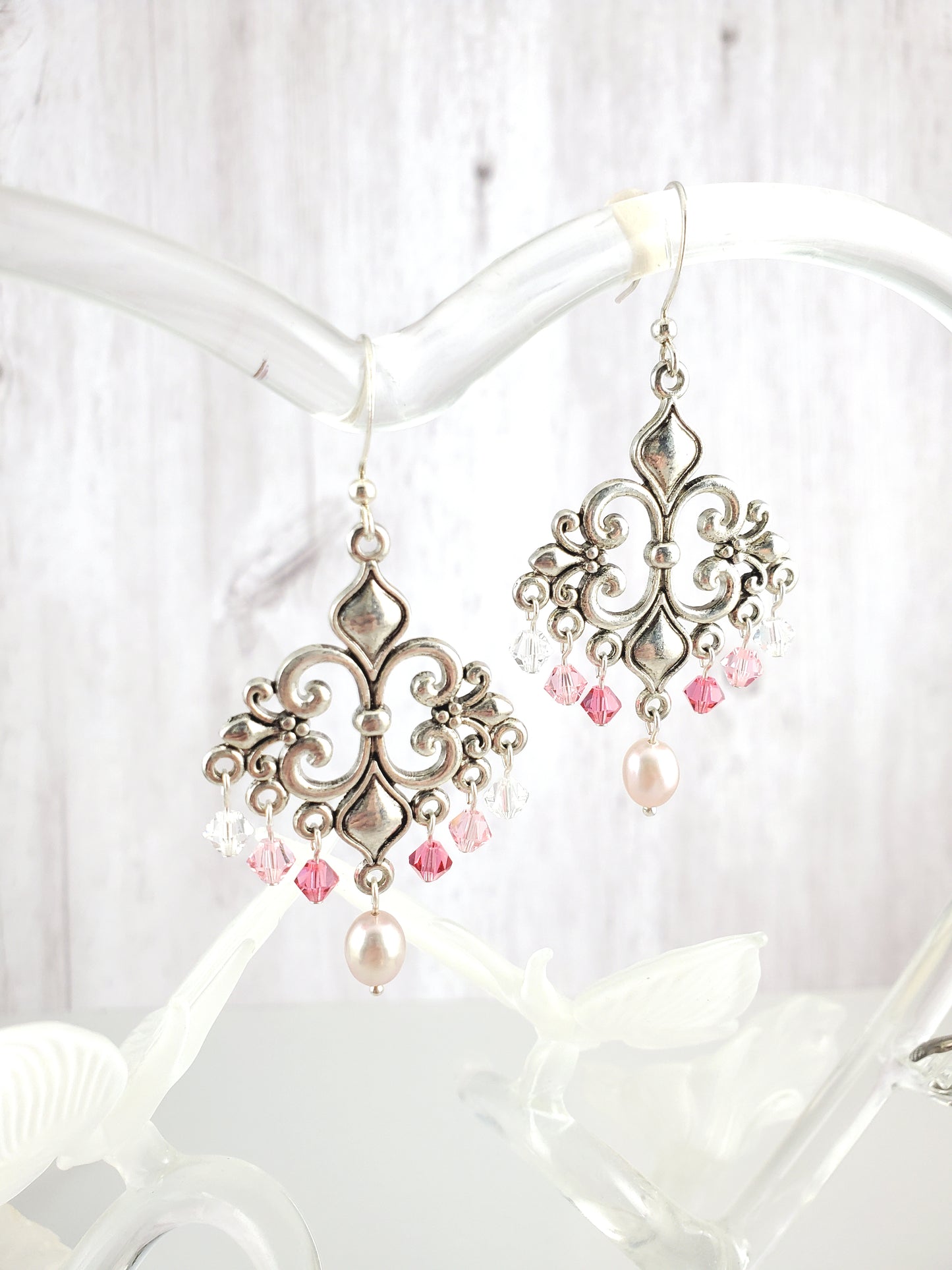 Pink Ombre Fleur De Lis Chandelier Earrings with Pearl