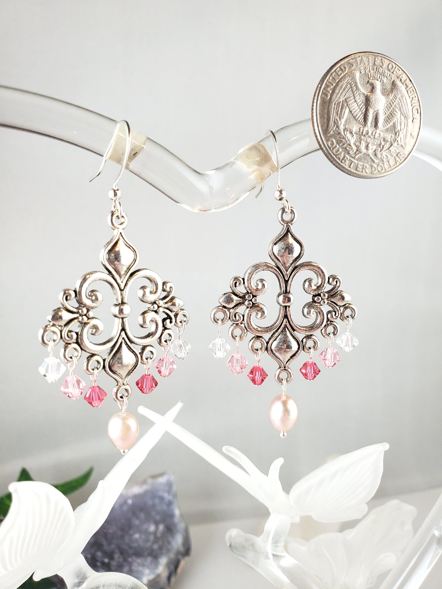 Pink Ombre Fleur De Lis Chandelier Earrings with Pearl