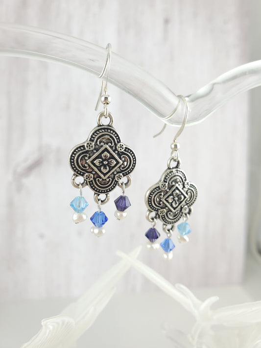 Blue Ombre and Freshwater Pearl Silver Quatrefoil Earrings