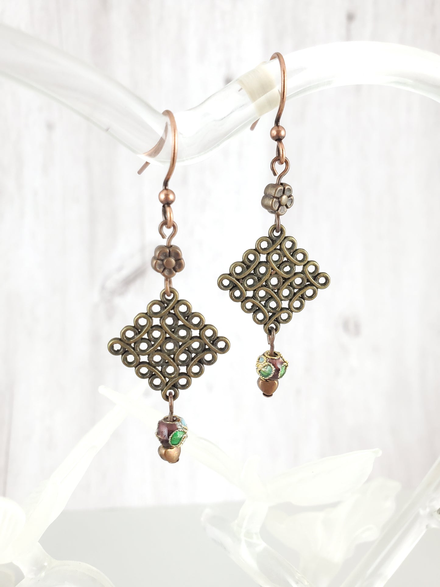 Antique Bronze Loop Grid Dangles with Flower Cloisonne Beads