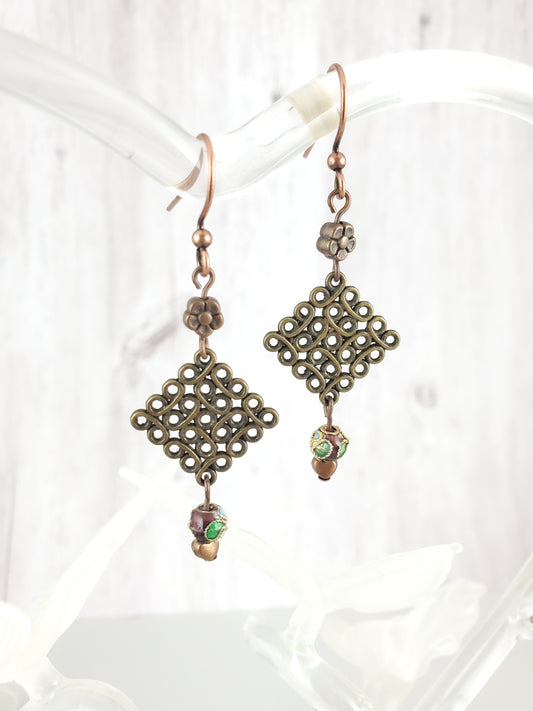 Antique Bronze Loop Grid Dangles with Flower Cloisonne Beads