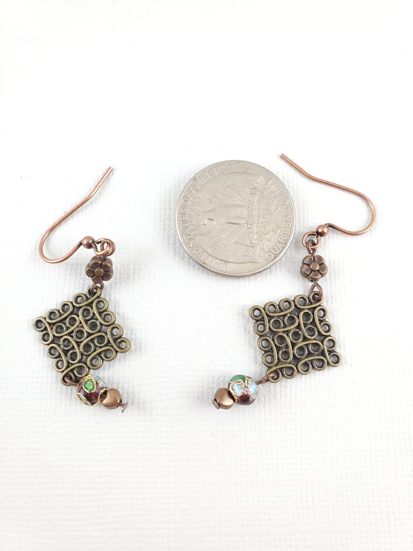 Antique Bronze Loop Grid Dangles with Flower Cloisonne Beads