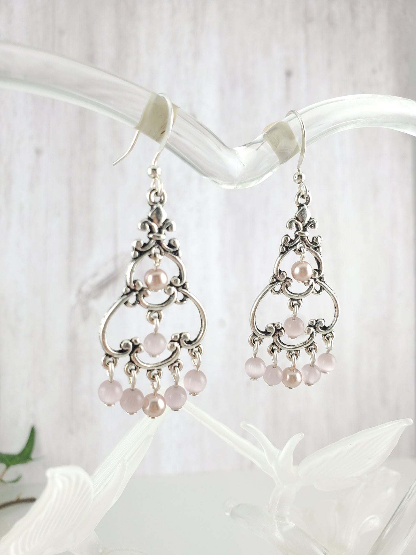 Three Tier Scalloped Chandelier Earrings with Pastel Cats Eye