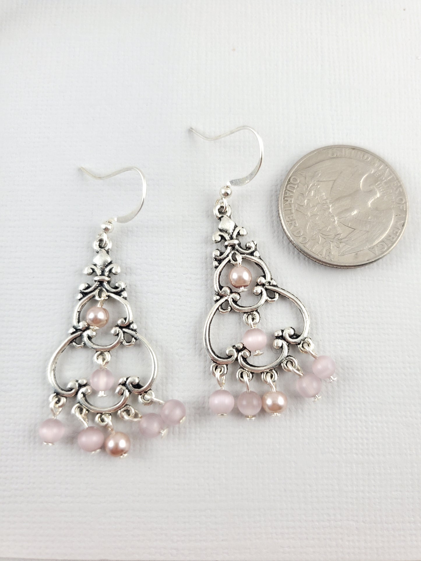 Three Tier Scalloped Chandelier Earrings with Pastel Cats Eye