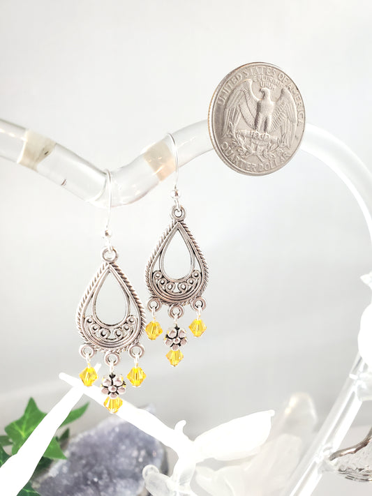 Bright Silver Small Chandelier Earrings with Yellow Swarovski