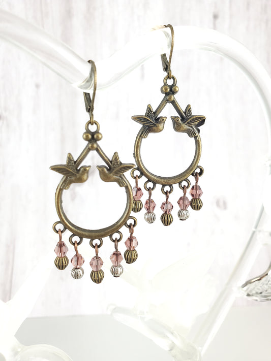 Boho Purple and Antique Bronze Bird Chandelier Earrings