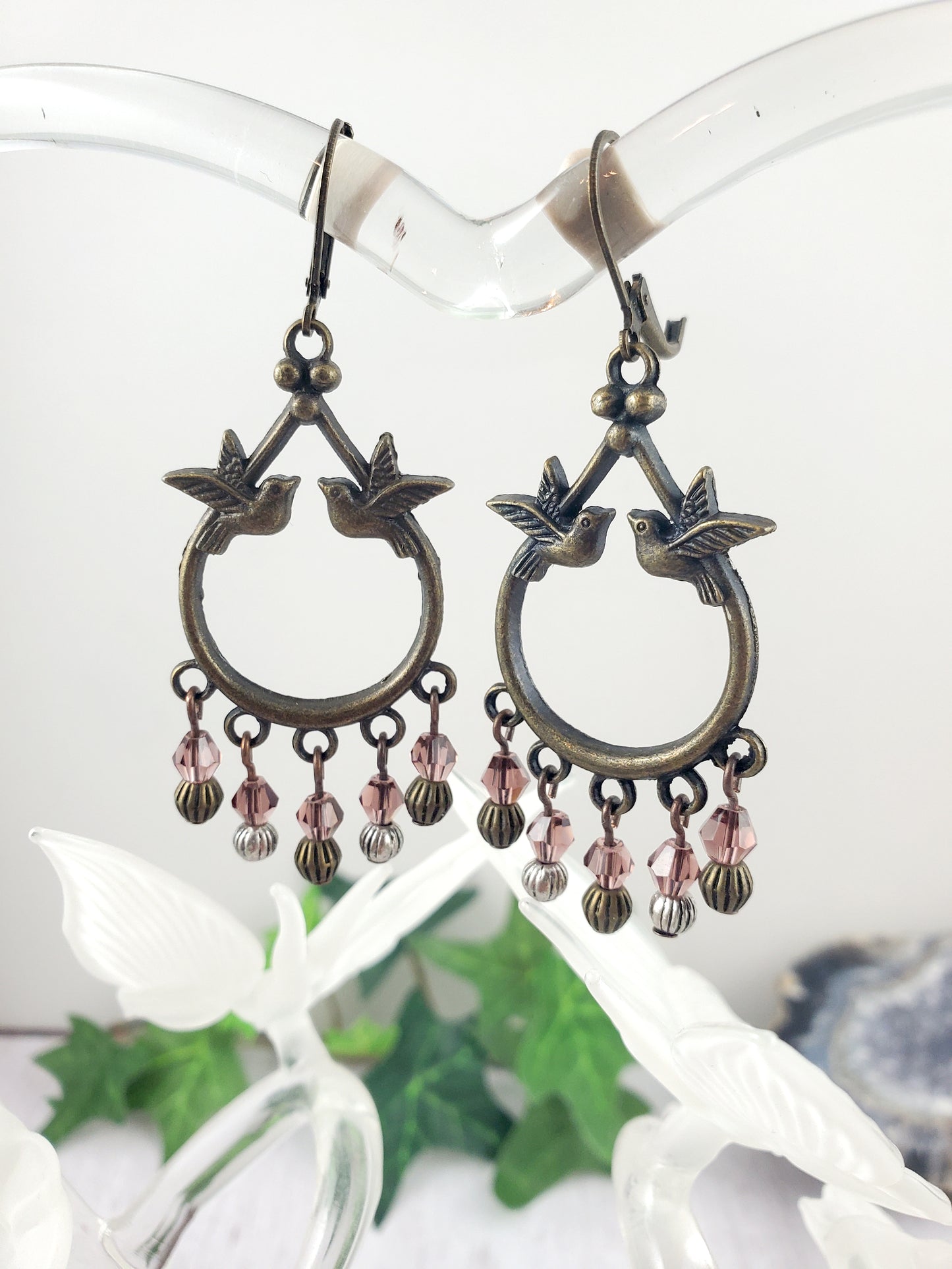 Boho Purple and Antique Bronze Bird Chandelier Earrings
