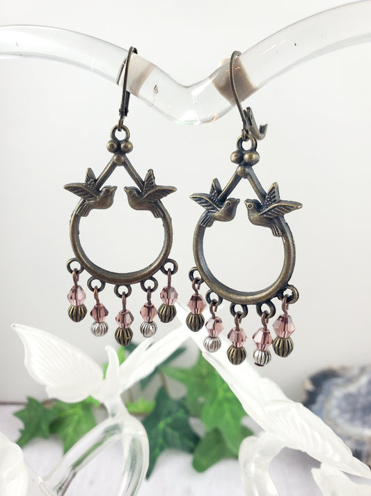 Boho Purple and Antique Bronze Bird Chandelier Earrings