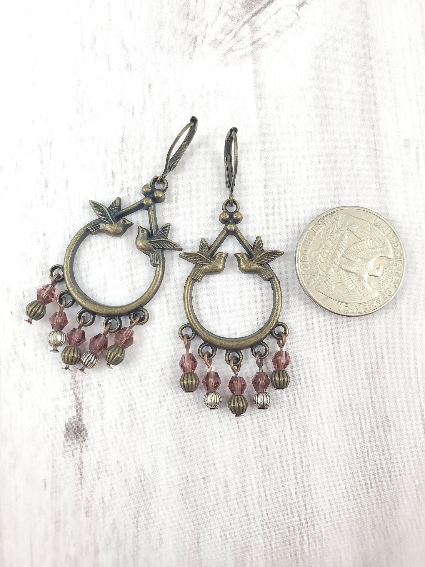 Boho Purple and Antique Bronze Bird Chandelier Earrings