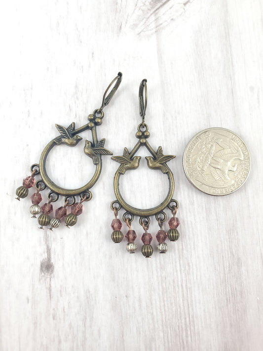 Boho Purple and Antique Bronze Bird Chandelier Earrings