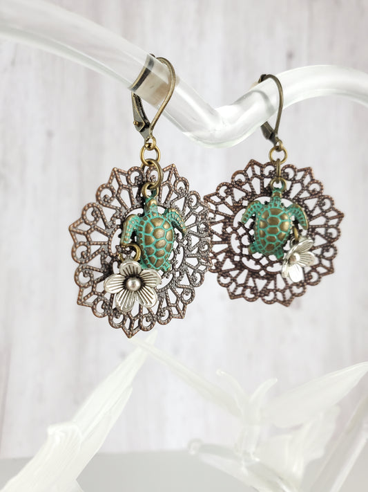 Turtle and Flower Filigree Mandala Earrings