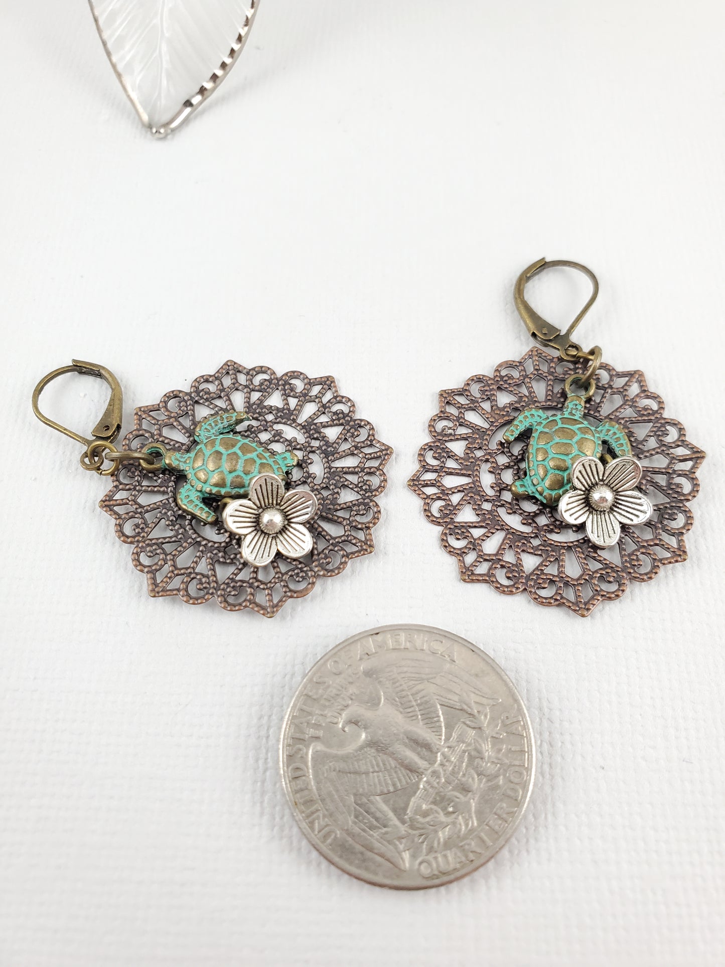 Turtle and Flower Filigree Mandala Earrings