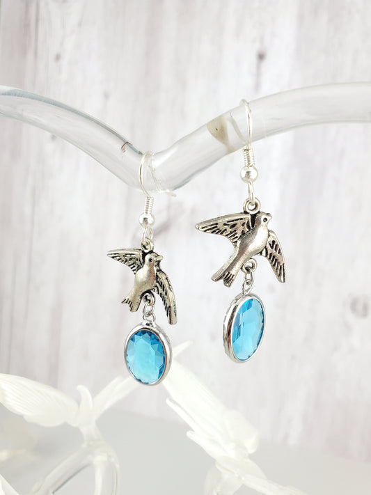 Antique Silver Dove Dangle Earrings with Faceted Aqua Glass