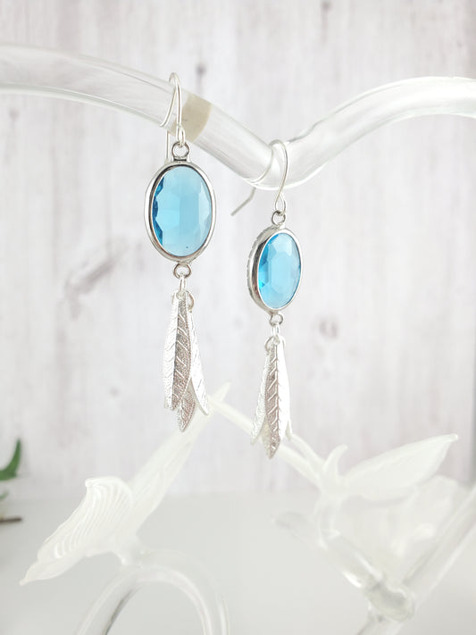 Bright Silver and Blue Victorian Style Feather Drop Earrings