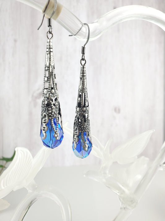 Antique Silver and Sapphire Victorian Style Drop Earrings