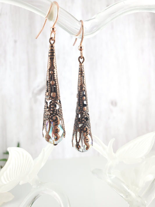 Crystal Victorian Drop Earrings in Antique Copper