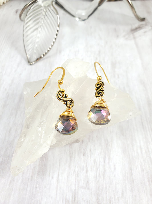 Classy Antique Gold Wrapped Aurora Borealis Briolette Earrings