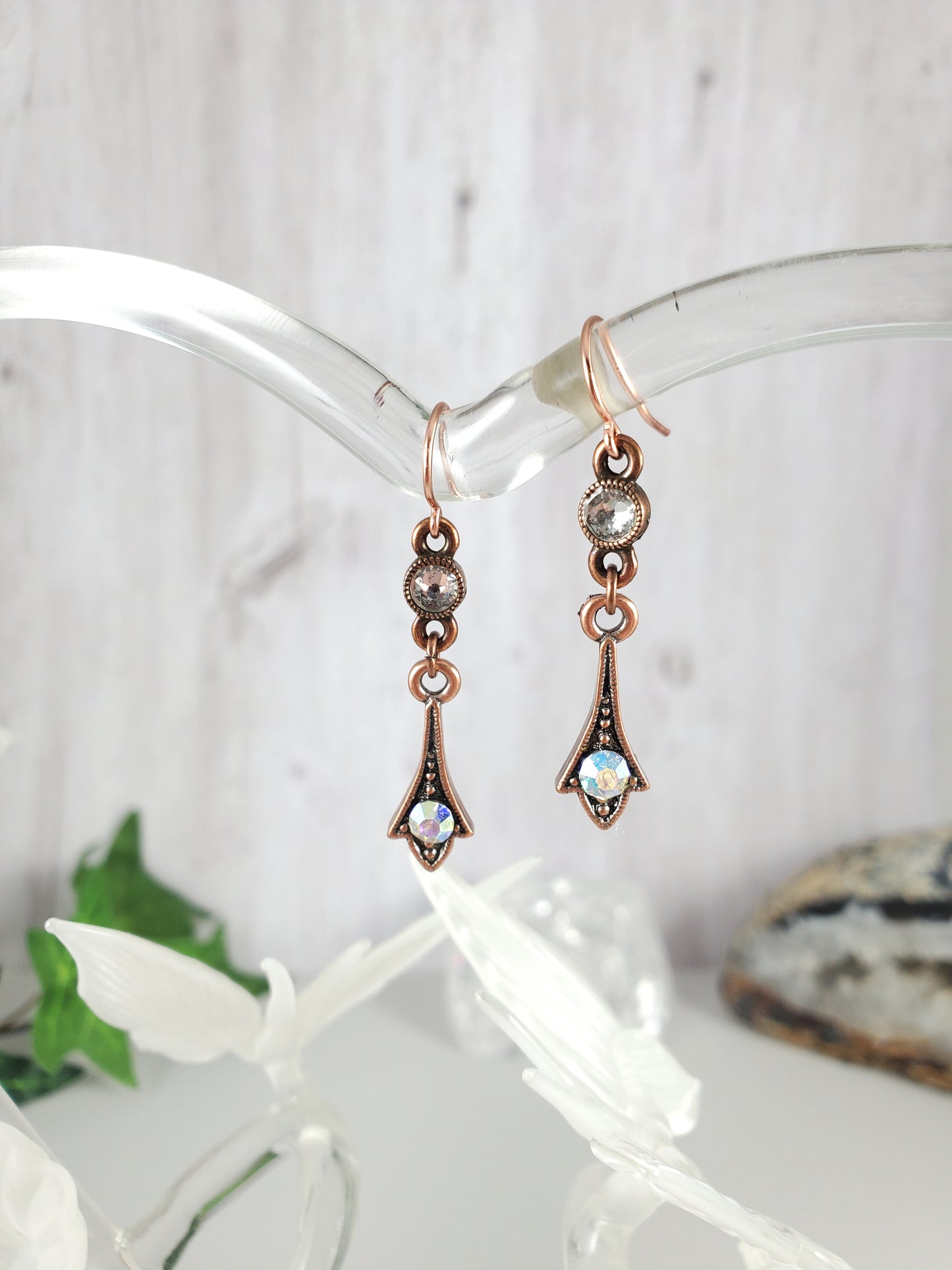 Copper and Rhinestone Chevron Arrow Dangle Earrings