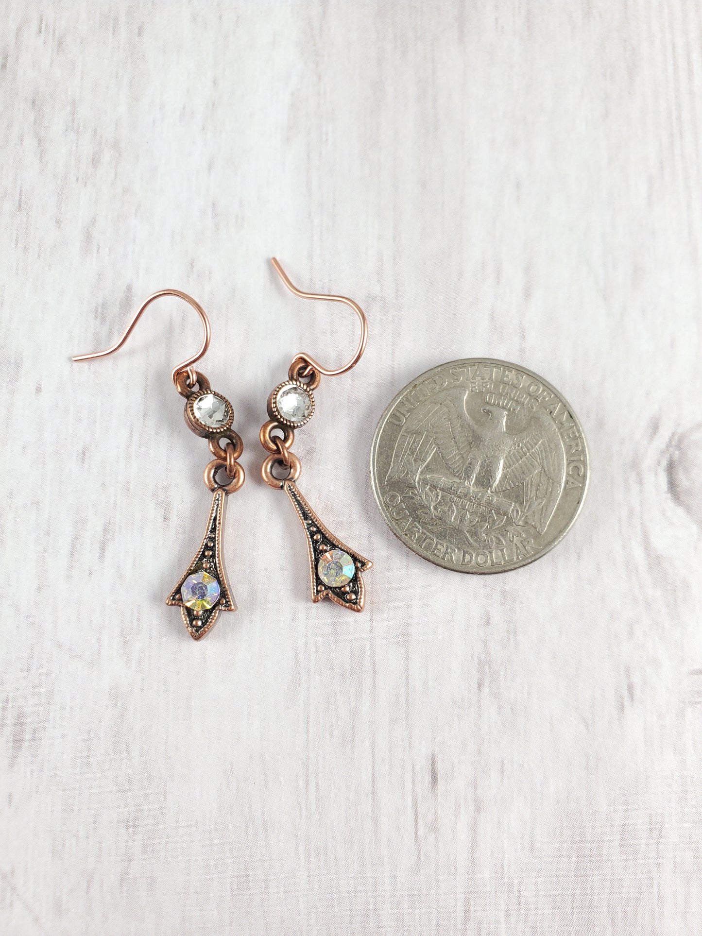 Copper and Rhinestone Chevron Arrow Dangle Earrings