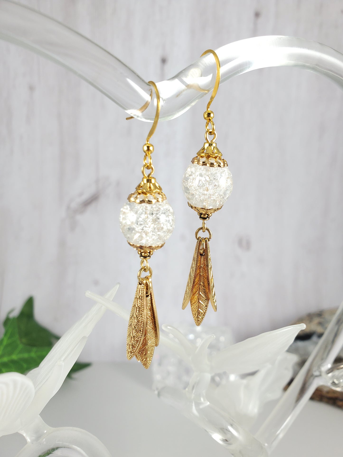 Gold Lantern Style Earrings with Feathers and Crackle Glass Globe