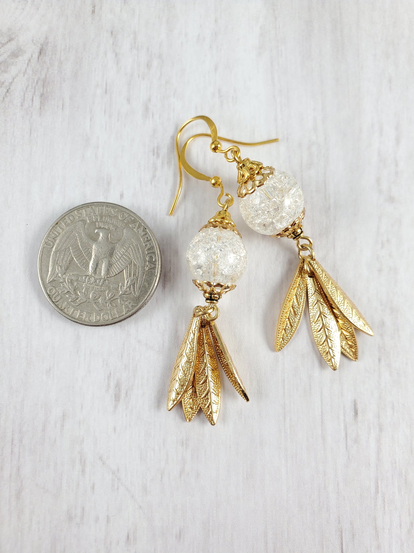 Gold Lantern Style Earrings with Feathers and Crackle Glass Globe